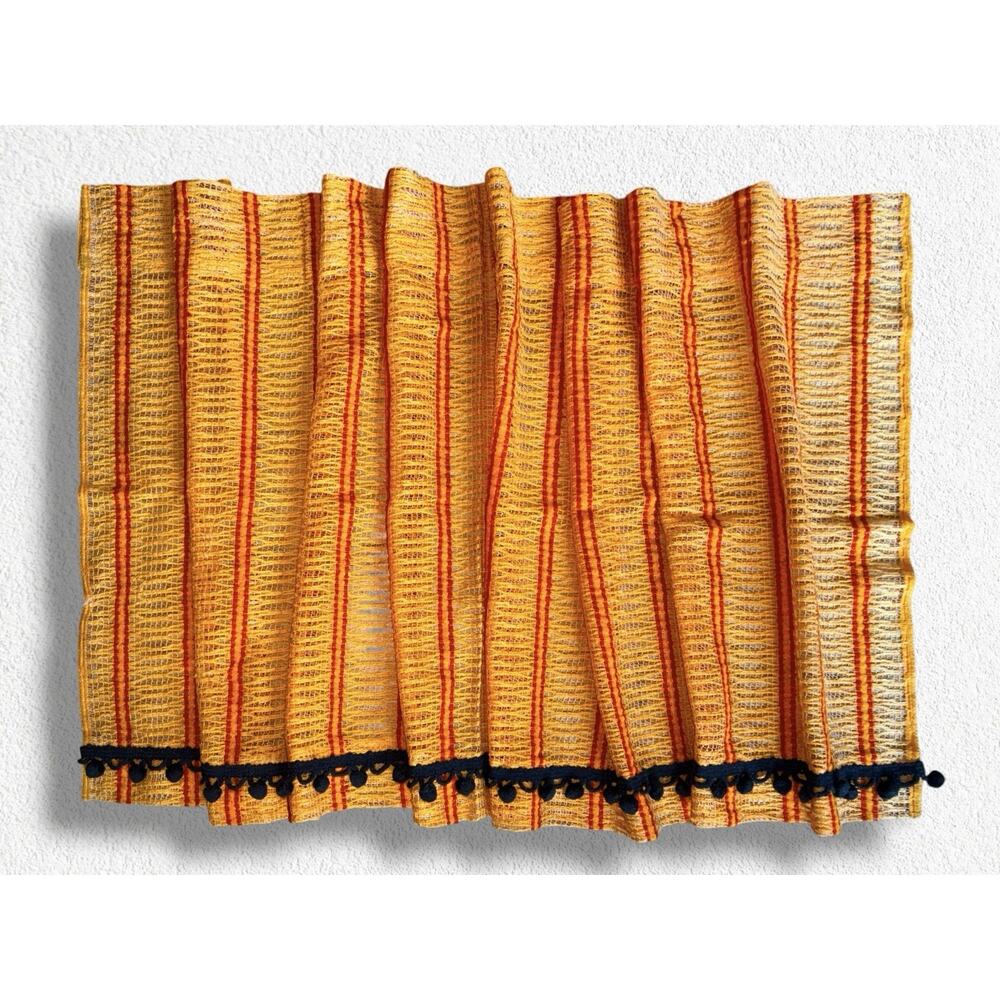 Vintage 70s Groovy Orange Scandinavian Valance Open Weave Pom Pom Fringe Curtain